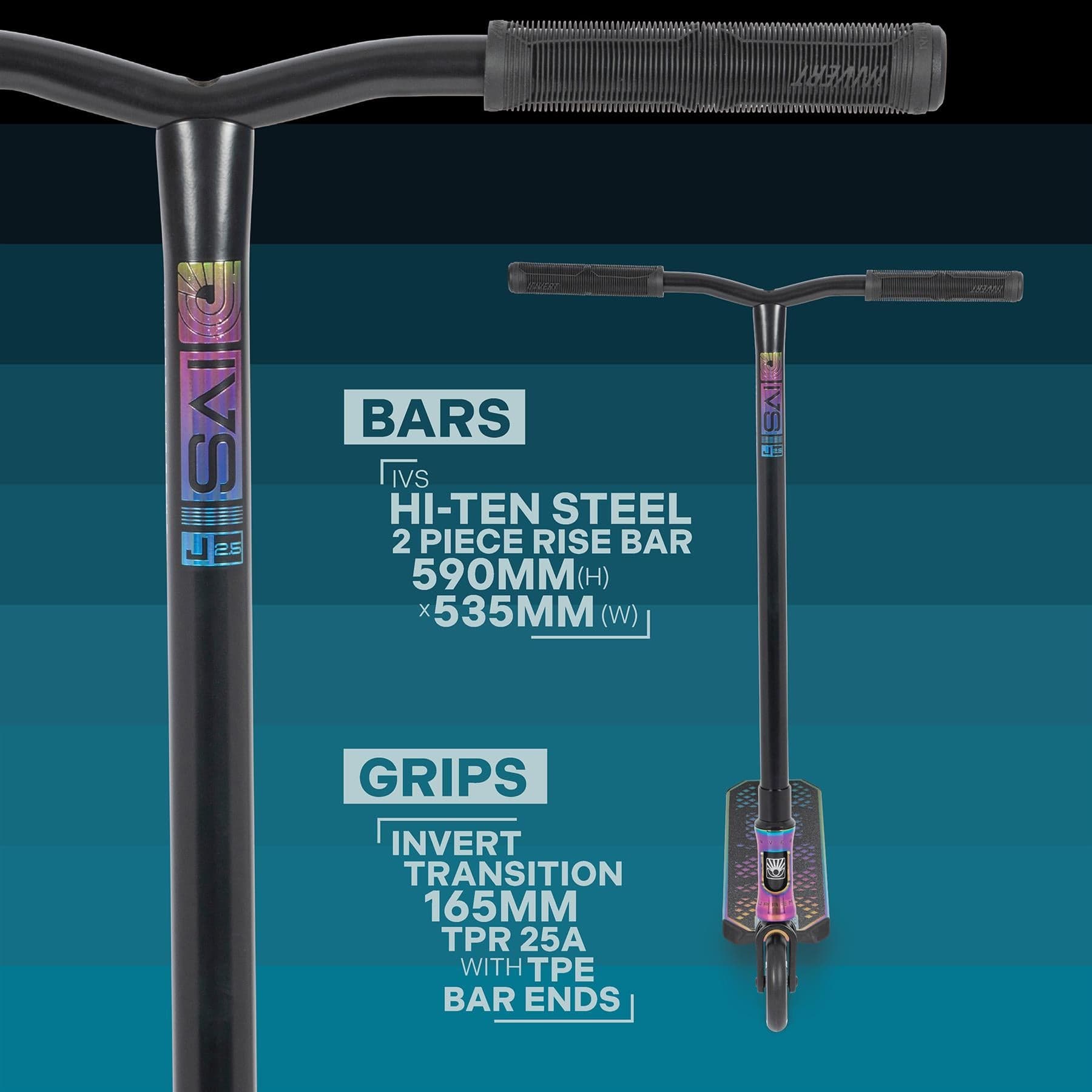 An advertisement for the Invert Supreme Journey 2.5 Jamie Hull Stunt Scooter - Oil Slick Neochrome showcases detailed images of its handlebar and grips, ideal for intermediate riders who prioritize durability and maneuverability. This scooter features Hi-Ten steel 2-piece rise bars measuring 590mm in height by 535mm in width, along with TPR 25A grips that incorporate an invert transition and TPE bar ends.