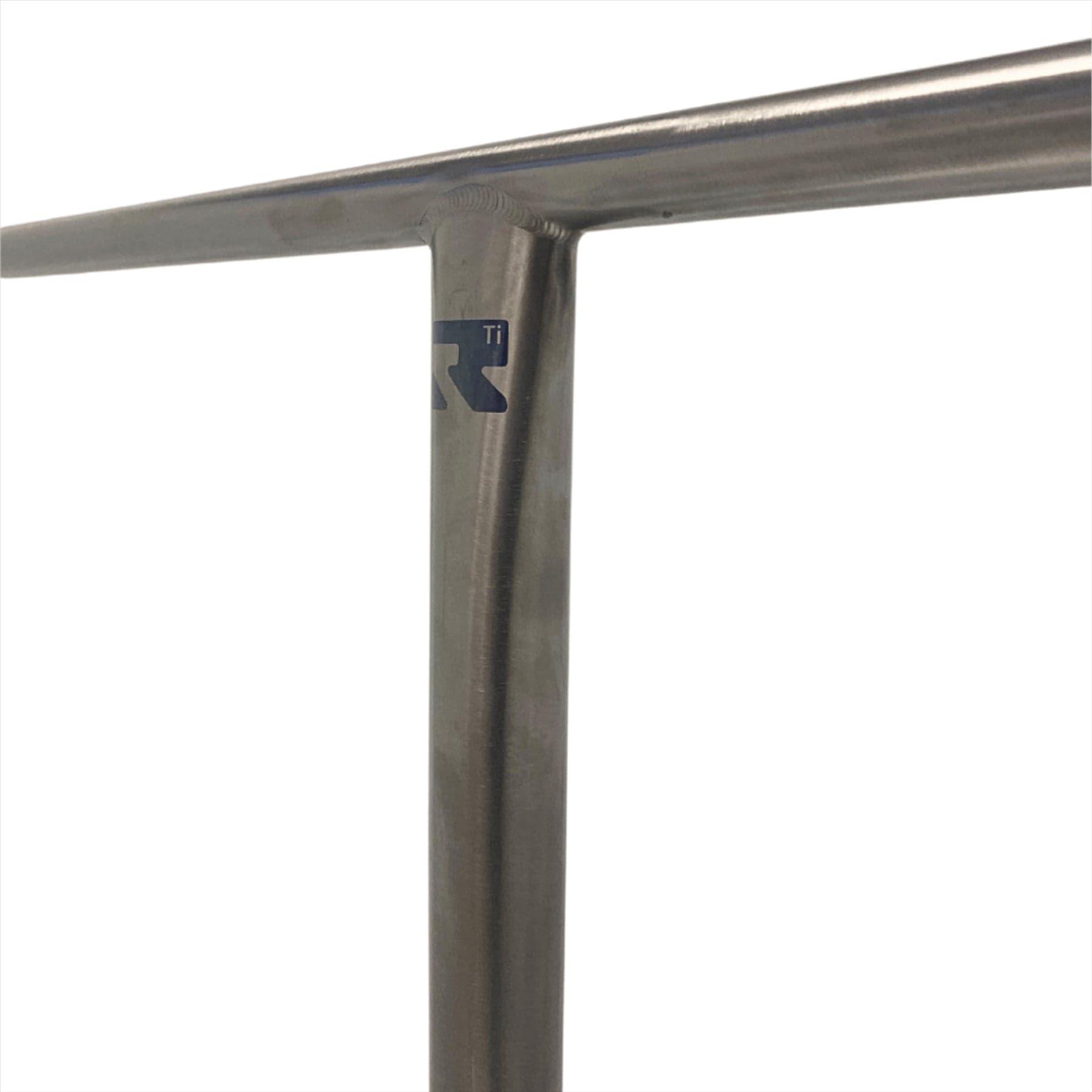 A detailed view of the Root Industries AIR Titanium Oversized HIC Stunt Scooter T-Bars against a white background. These handlebars, known for their lightweight and durability, boast a smooth, polished finish with a subtle branding on the vertical section near the joint, making them ideal for any sleek design.