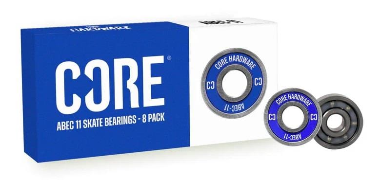 Image of a blue and white box labeled with the brand "CORE," containing high-quality CORE ABEC 11 Skateboard Bearings from an 8-pack. Two ball bearings are shown outside the box, highlighted by a blue ring displaying the text "CORE HARDWARE ABEC-11" around the edges.