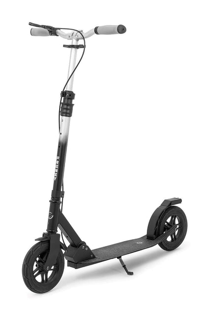 The Frenzy 205mm Air Zero Foldable Commuter Scooter, available in a black and silver color scheme, features a robust frame and large tubeless rubber tires for a smooth ride. Its handlebar with gray grips pairs perfectly with the textured deck, while the anodized finish enhances its contemporary style.