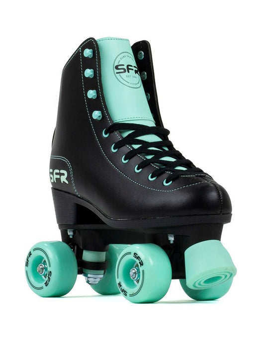 The Rio Roller SFR Figure Quad Roller Skates in black and mint feature a high-top design, sturdy construction, and four polyurethane wheels with mint accents. Ideal for beginner skaters, these skates come with black laces and display the brand name "SFR" on both the boot and wheels.