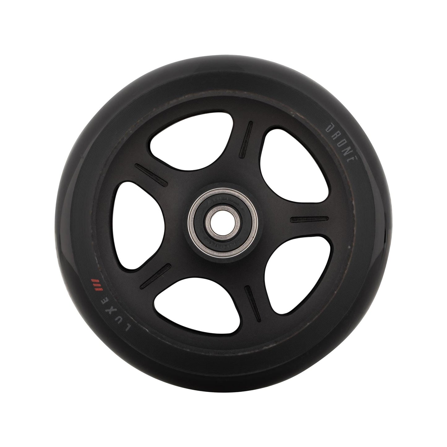 A close-up of the sleek black Drone Luxe 3 Dual-Core 110mm Stunt Scooter Wheel showcases its circular hub with five spokes and a smooth, glossy tire. The central hub reveals visible bearings, and "durat" is embossed alongside the "lux" label synonymous with Drone's design.