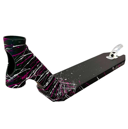 The Apex Rio Special Edition Stunt Scooter Deck - 4.5" x 18.1" showcases a sleek black design with vibrant paint splatters in pink, white, and purple. This durable scooter deck features a metal handle mount and geometric shape, offering both style and performance. Proudly crafted as an Australian-made product, it represents the quality associated with the Apex brand.