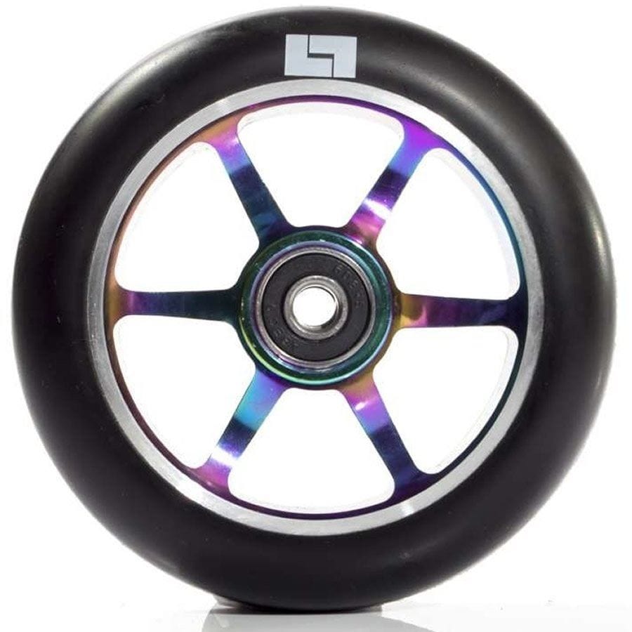 Close-up of the Logic 6 Spoke 110mm Metal Core Wheel by Logic, showcasing a black tire with a metallic neochrome hub made from 6061-T6 Aluminium and featuring six spokes. The hub exudes a subtle rainbow sheen and contains ABEC 9 bearings. A small, square logo decorates the edge of the tire against a plain white background.