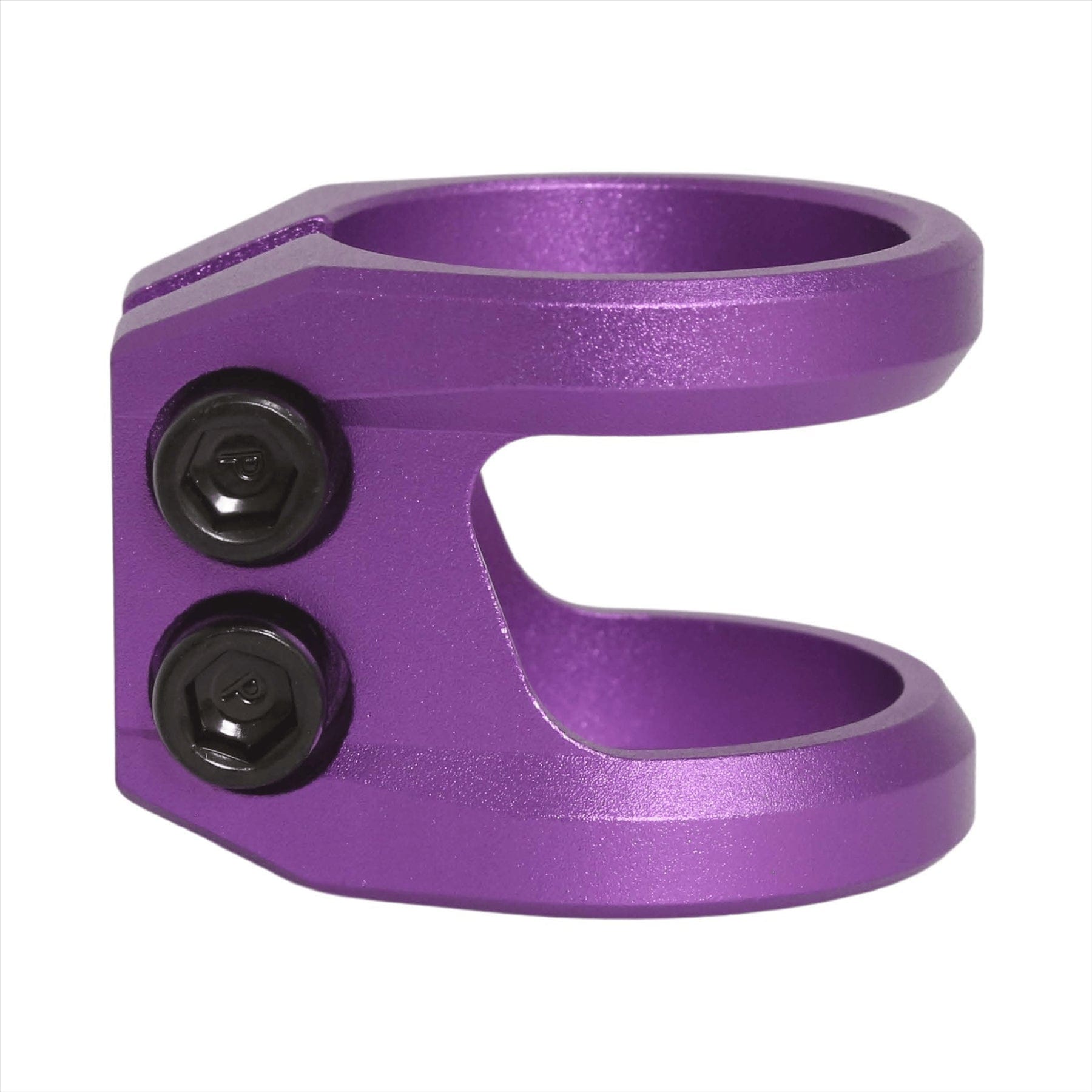 The Root Industries GT 2 Bolt Oversized Stunt Scooter Clamp in purple is a lightweight clamp equipped with two black screws for securing components. Its shiny finish and streamlined open-loop design make it compatible with various bar sizes, ensuring versatility for your ride.