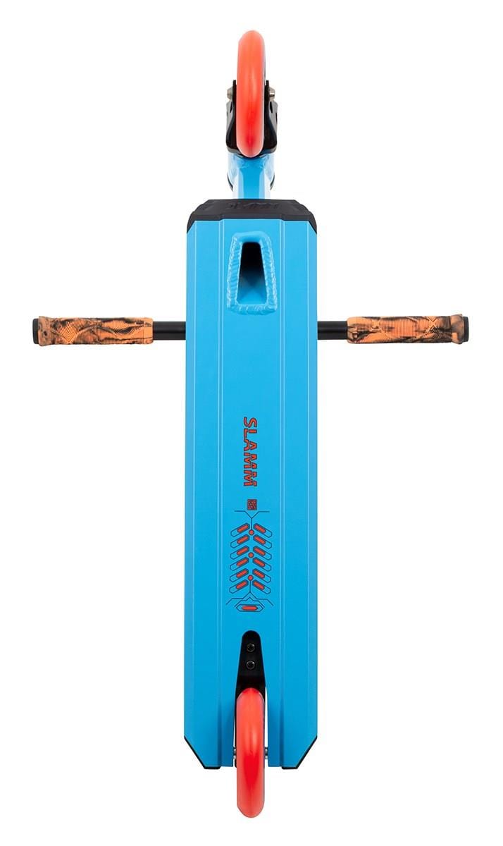 A top-down view reveals the Slamm Classic Mini Complete Stunt Scooter in blue, featuring orange wheels and handlebars with a textured brown grip, designed for freestyle scootering. The brand name "Slamm" is clearly visible on the deck.