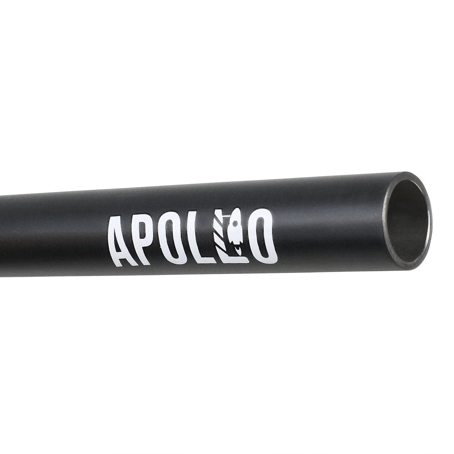 Close-up of a black cylindrical pipe with "CORE Apollo V2" printed in white letters alongside a stylized graphic on its side, reminiscent of sleek titanium stunt scooter bars.