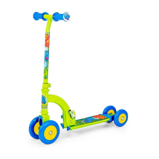 Discover the Ozbozz My First Foldable Kids Scooter - Dinosaur, a vibrant scooter featuring a green frame, blue handlebars, and yellow wheels. The deck and handles are adorned with colorful dinosaur character designs, making every ride a fun adventure for young explorers seeking both style and stability.