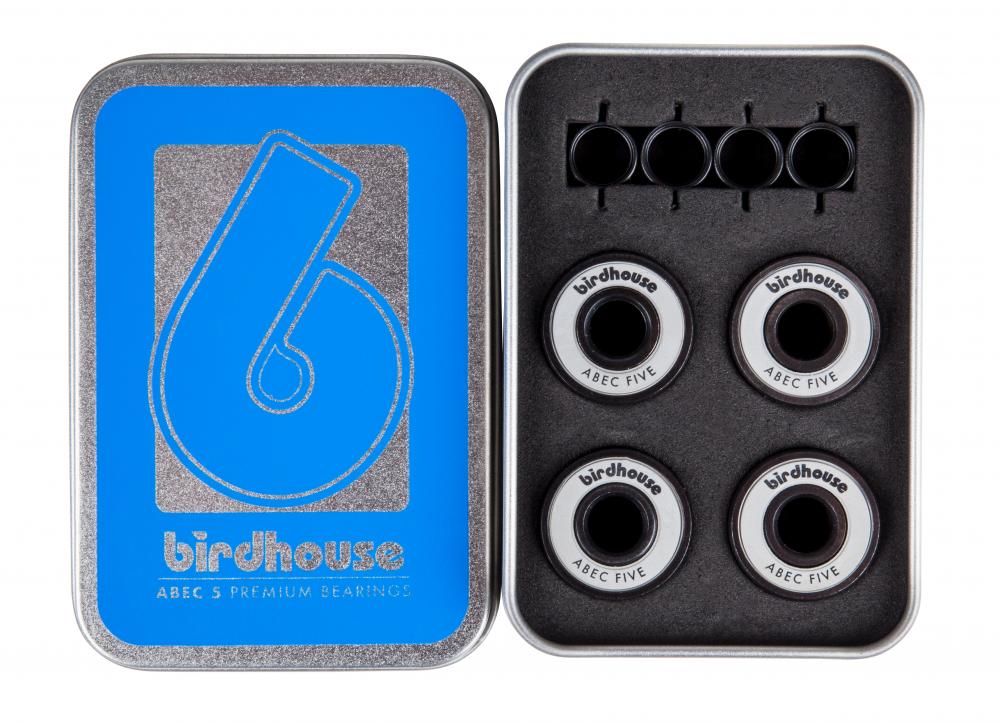 A rectangular metal tin with a blue design on the left showcases a prominent number 6 and "Birdhouse" branding. On the right, the open lid reveals four of the Birdhouse ABEC 5 Grey Skateboard Bearings and five black spacers securely nestled inside.