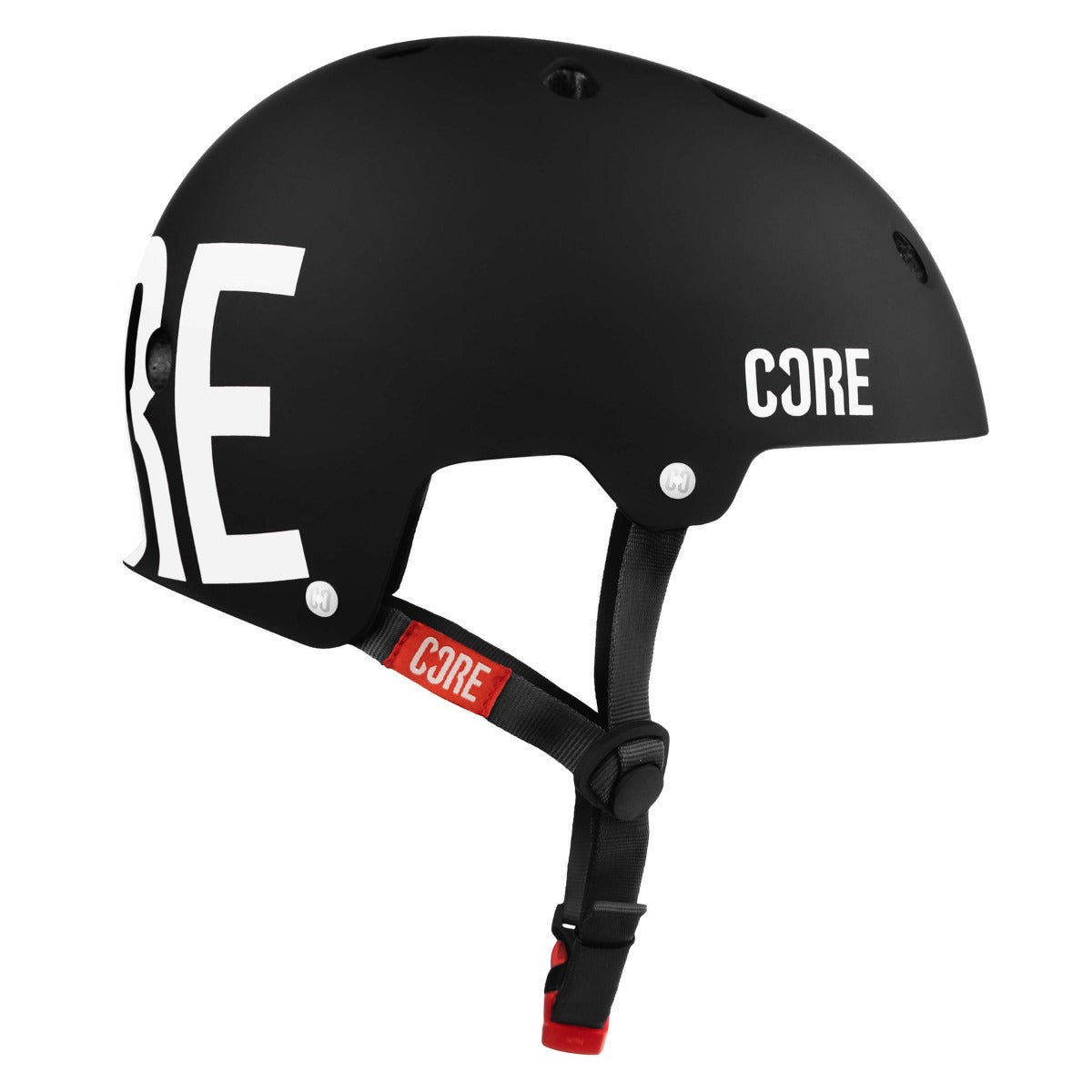 A black and white helmet by CORE, crafted for cycling and skatepark adventures, featuring Lux Pads for enhanced comfort.