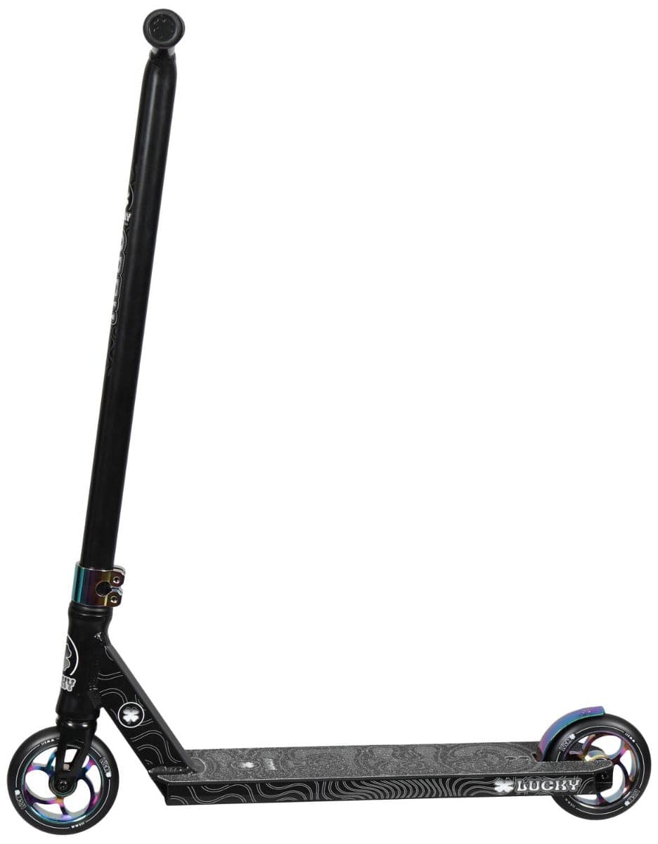 The Lucky Crew 2022 Complete Stunt Scooter in Black/Neochrome showcases a stylish black design with vibrant neochrome accents on the wheels. It features a deck with a textured pattern, and its tall T-shaped handlebar enhances the IHC compression system for smooth and enjoyable rides.