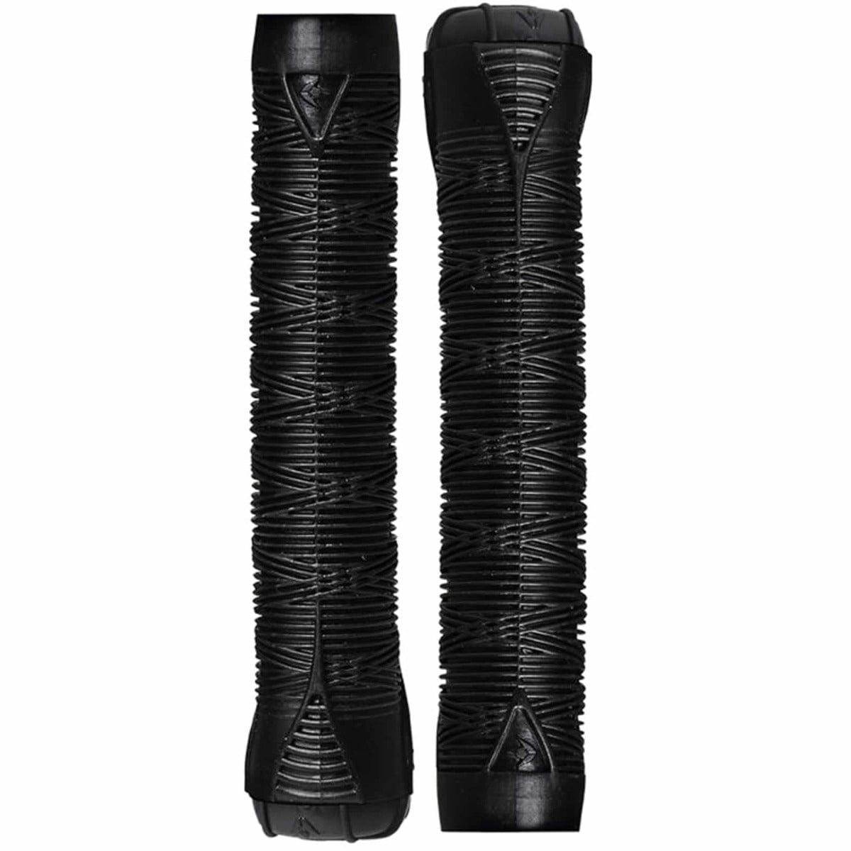 The Blunt Envy Flangeless V2 Black Stunt Scooter Grips - 160mm are designed from thermo plastic rubber and feature textured surfaces with triangular and geometric patterns for enhanced grip, making them ideal for scooters or stunt scooter activities.