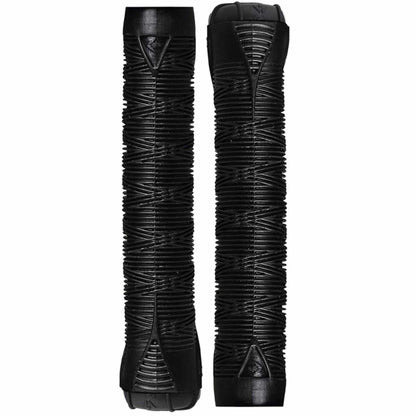 The Blunt Envy Flangeless V2 Black Stunt Scooter Grips - 160mm are designed from thermo plastic rubber and feature textured surfaces with triangular and geometric patterns for enhanced grip, making them ideal for scooters or stunt scooter activities.