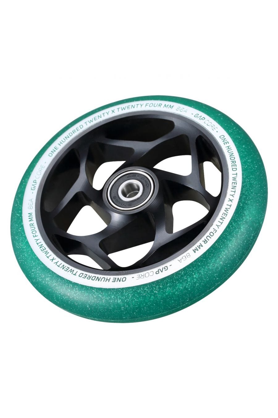 A detailed view of the Blunt Envy 120mm GAP Core Stunt Scooter Wheel in black and jade reveals its black core and elegant, angular spoke pattern. Along the edge, it reads "One Hundred Twenty x Twenty Four mm 88A GAP Core." Ideal for Blunt Envy stunt scooters, this wheel comes with ABEC 9 Bearings. It is displayed against a simple white background.