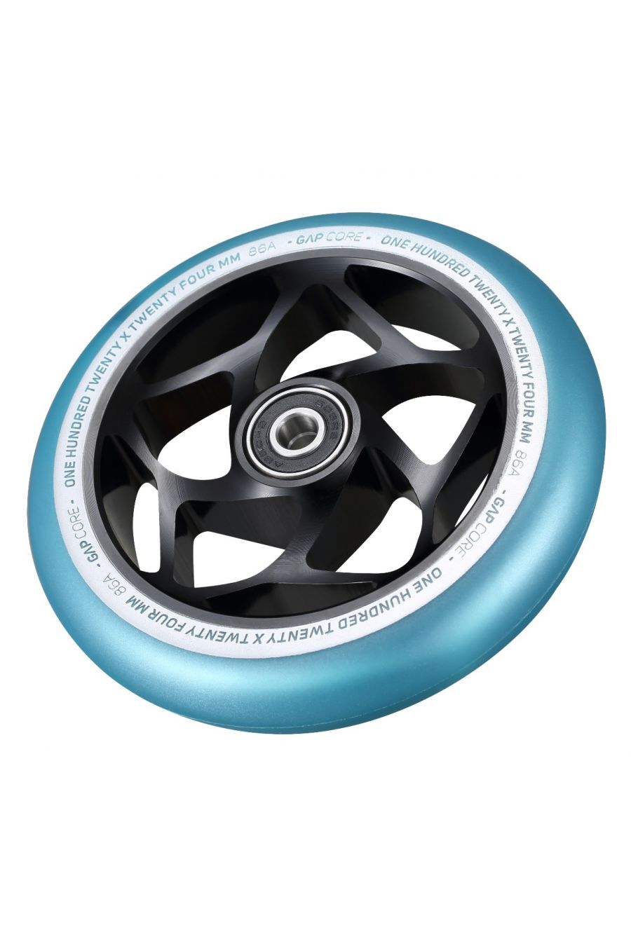 A close-up of a single teal and black scooter wheel with silver text on the rim. The design showcases a 120mm GAP Core with Blunt Envy branding, paired with a smooth rubber outer ring. The wheel is displayed at an angle, highlighting its sleek, modern look ideal for stunt scooters.