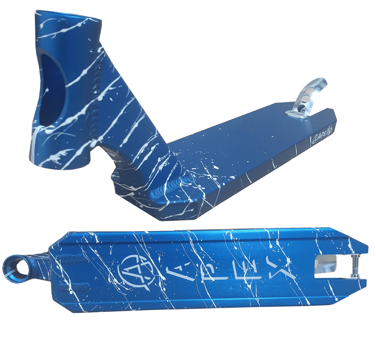 Two images of an Apex Pro Splatter Blue/White Stunt Scooter Deck measuring 4.5" x 17.5". The first displays a side view emphasizing the neck and headtube, illustrating its lightweight design. The second image shows the underside, highlighting a logo and robust geometric patterns.