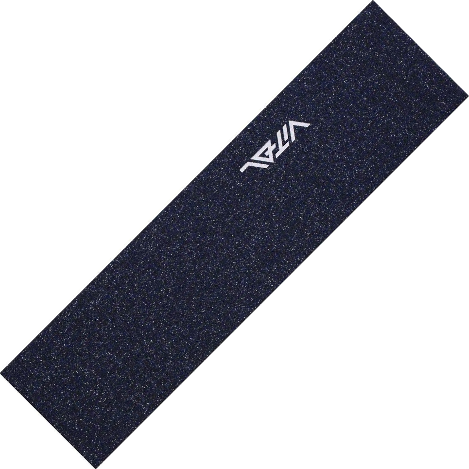 A rectangular sheet of blue skateboard grip tape with a textured surface and a white logo at the center, featuring stylized text, belongs to the Vital Glitter Stunt Scooter Griptape collection. This product is designed by Vital and can be placed diagonally across a plain white background, adding flair to your deck grip while enhancing your connection with Vital Scooters.