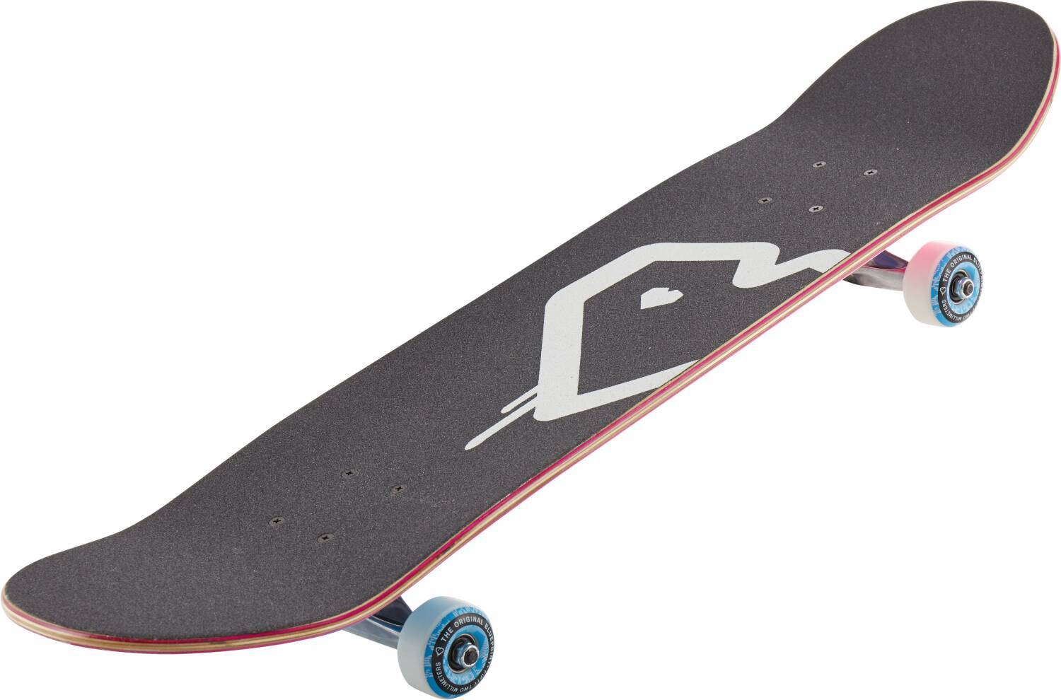 The Blueprint Spray Heart V2 Pink / Blue Complete Skateboard - 7.75" x 31.25", ideal for beginner skaters, features a pink and blue abstract design on the deck. It is equipped with blue 99A wheels mounted on silver trucks, making it perfectly angled to showcase its form—an excellent choice for those new to skateboarding.