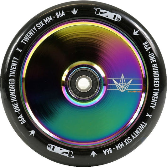 Close-up of the Blunt Envy 120mm Hollow Core Stunt Scooter Wheel in an Oil Slick Neochrome finish, highlighting its black outer rim and hollow core design. The center is engraved with "120" and "TWENTY SIX MM - 86A". This wheel features a reflective, iridescent surface for optimal performance and style.