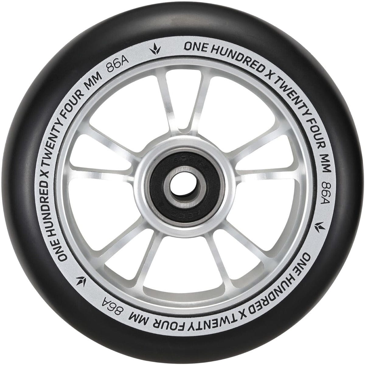 The Blunt Envy 100mm Stunt Scooter Wheel in silver and black showcases a close-up view of its rim labeled "One Hundred x Twenty Four mm 86A." It is designed with sleek radial spokes, an aluminum core, and equipped with ABEC 9 bearings for a smooth ride.