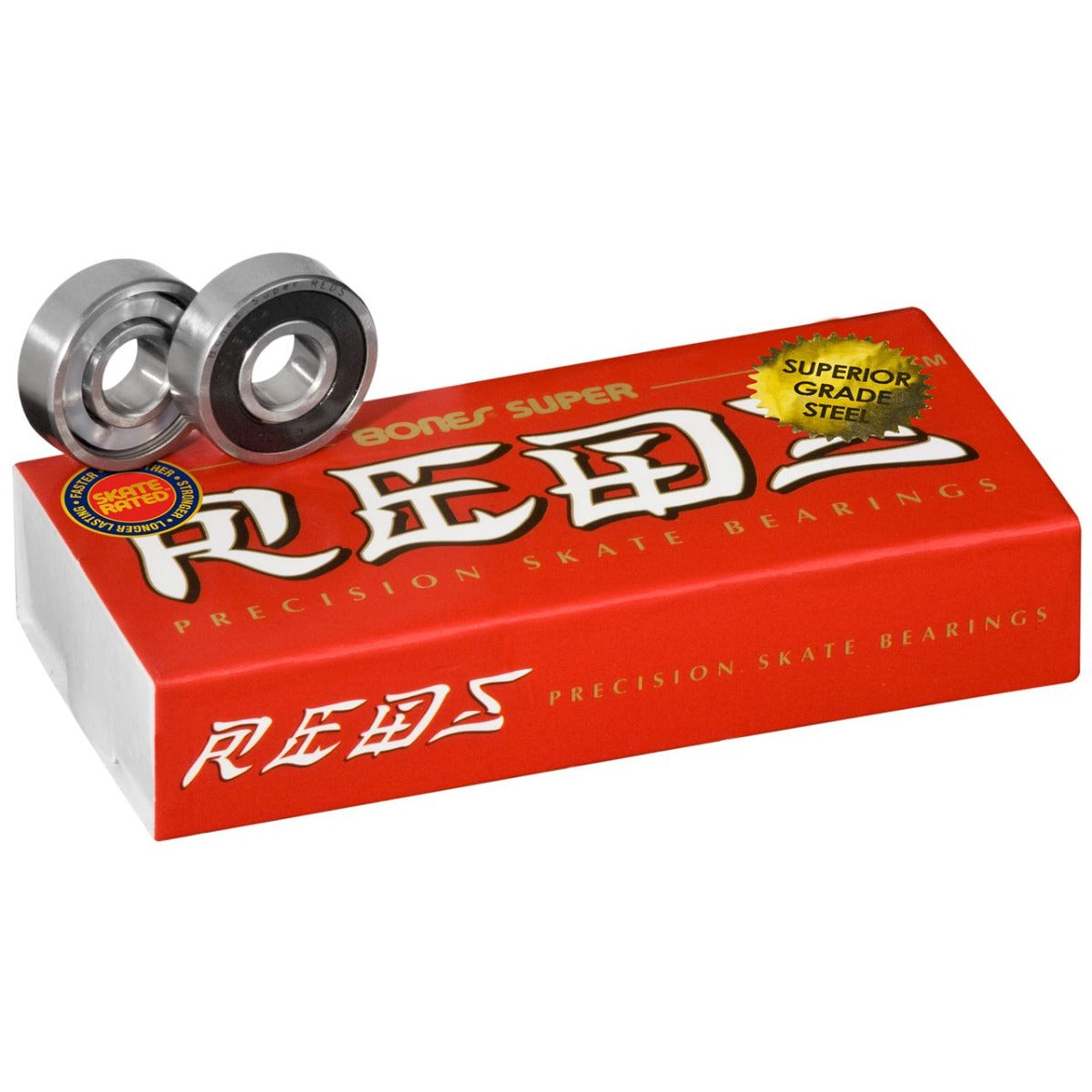 A red box labeled "Bones Super REDS" contains Bones Super Reds Skateboard Bearings - 16 Pack, featuring precision and high-quality steel races from the brand Bones. Two silver bearings are prominently displayed on top, accompanied by a gold sticker emphasizing "Superior Grade Steel". Achieve ultimate performance and enhanced speed with Speed Cream™ racing lubricant.