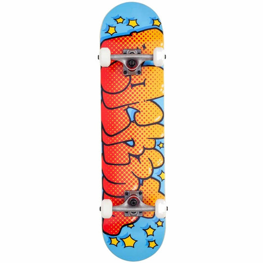 The Rocket Bubbles Complete Skateboard - 7.75" x 31" is ideal for beginner skaters, showcasing a vibrant design with orange and yellow graffiti-style letters set against a blue background adorned with stars. Constructed from 7-ply hardrock maple, it features white wheels and robust metal trucks for a smooth ride.