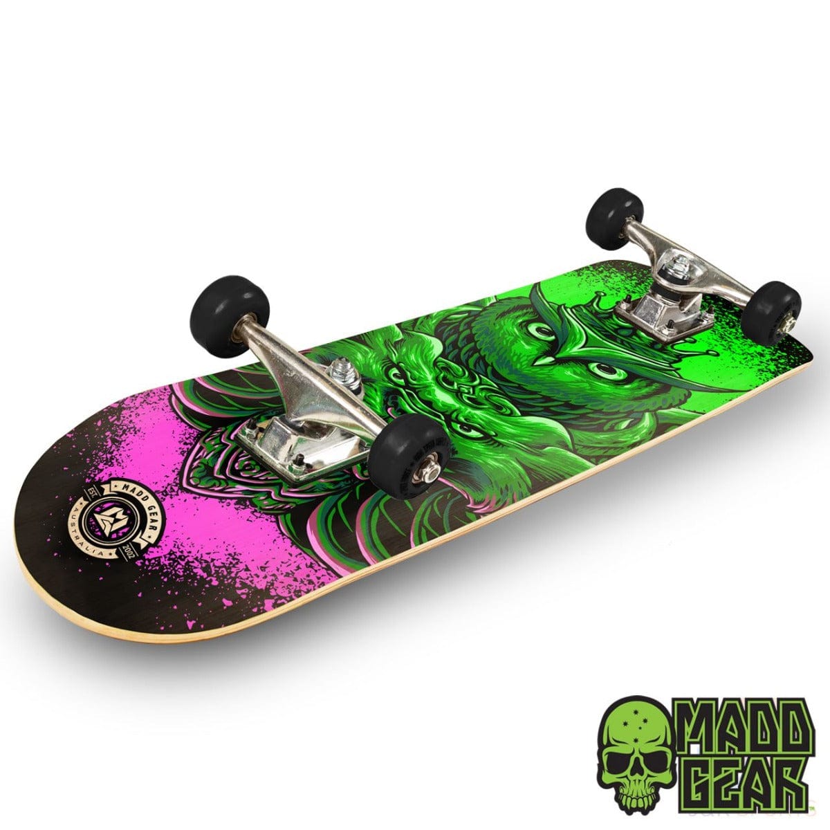 Introducing the Madd Gear MGP Pro Series Bubo Green Complete Skateboard - 8" x 31", featuring a vibrant design with a green owl against a striking black and pink background. Ideal for skatepark adventures, this skateboard comes equipped with shiny metal trucks and black wheels. The bottom right corner displays a green skull logo alongside "Madd Gear PRO Skateboards.