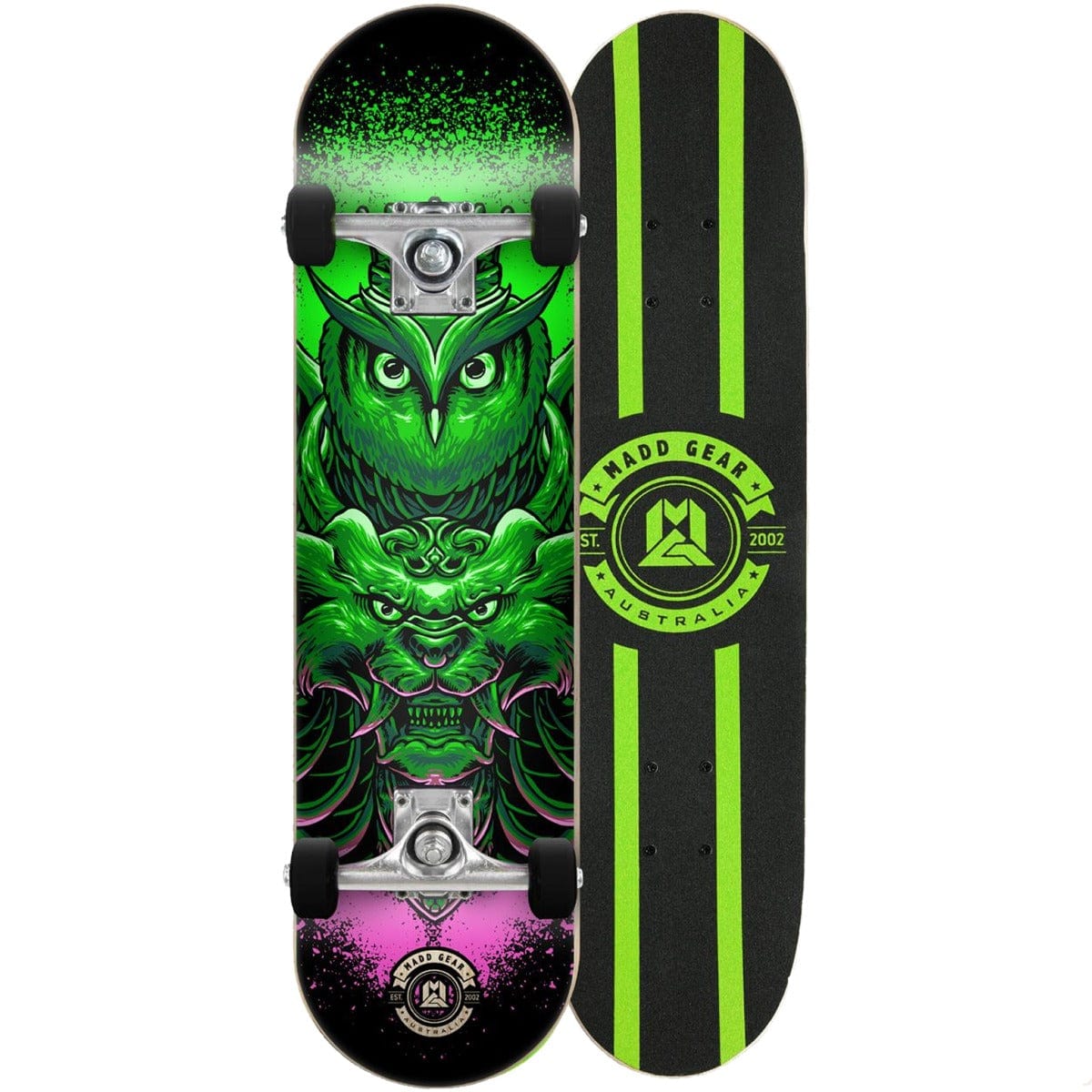 Two brightly designed skateboards perfect for kids and novices. On the left, you'll find the Madd Gear MGP Pro Series Bubo Green Complete Skateboard with a striking green owl and creature. The right one features Madd Gear's signature green stripes paired with a "Madd Gear Australia 2002" logo set against a black background, sure to catch attention at the skatepark.