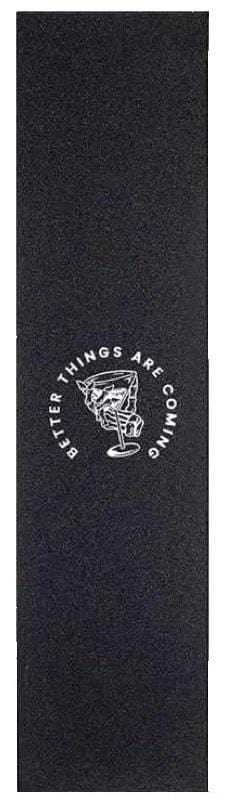 The Supremacy Stunt Scooter Griptape - BTAC is a high-quality black grip tape that showcases a white illustration of a person performing a handstand. The surrounding text, "Better Things Are Coming," adds an inspiring touch. Its surface is designed to ensure excellent stability during intense stunts.