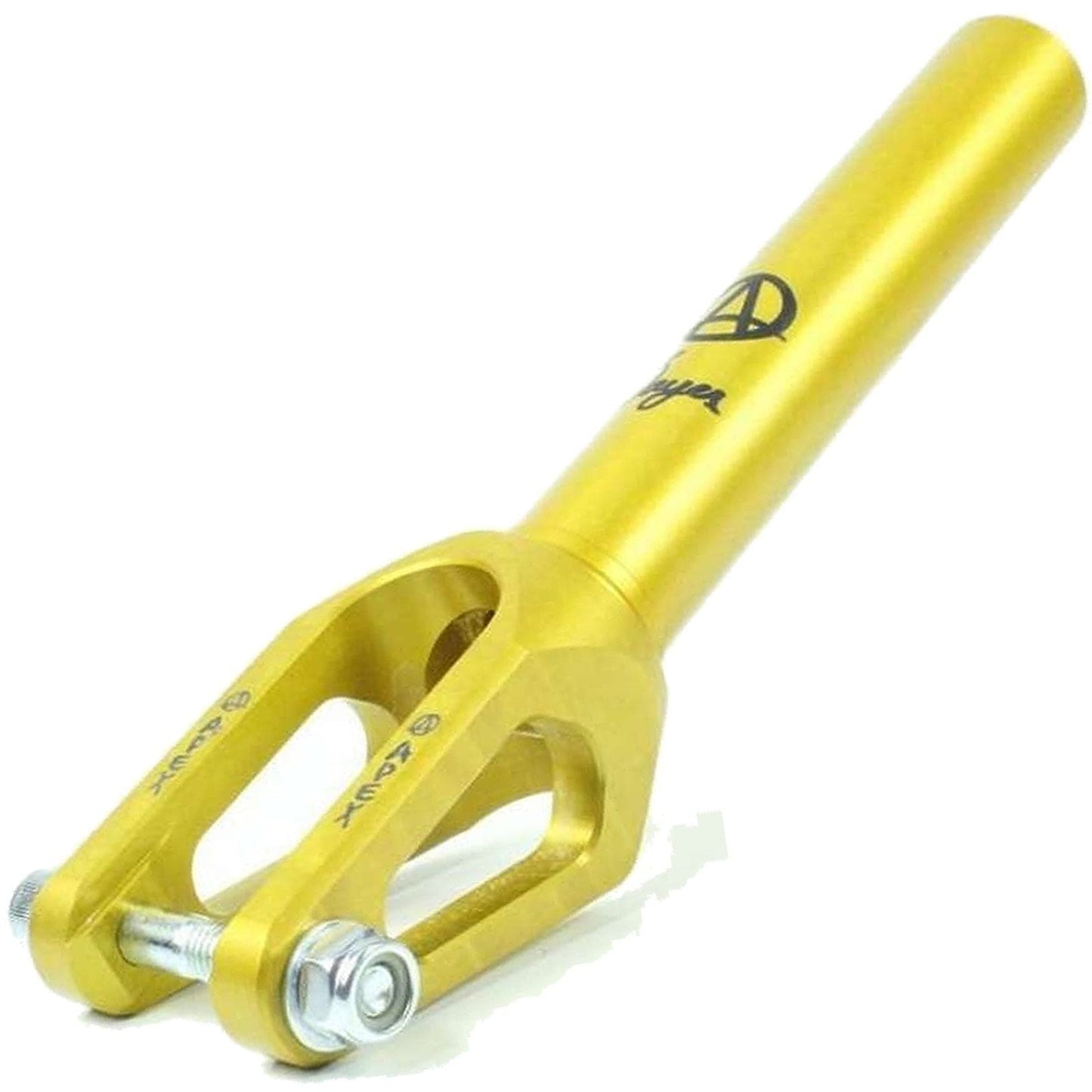 The Apex Sig Jesse Bayes Gold Quantum Threadless Scooter Fork features a sleek and minimalist design. With precision bolt and screw fittings at the base, this scooter fork from Apex promises reliability and style for top-tier performance.