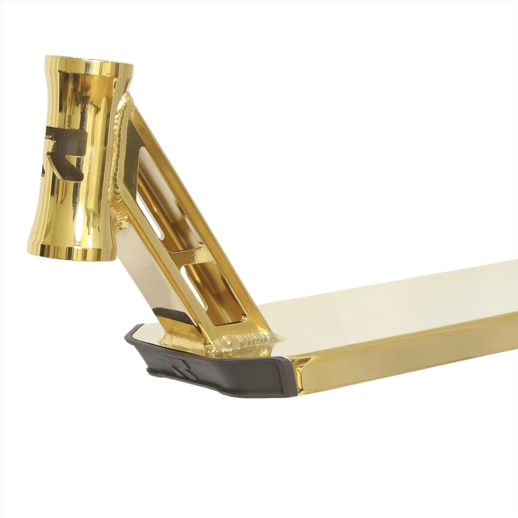 Close-up of the Root Industries Type R GT Gold Rush Stunt Scooter Deck, a sleek gold pro-level deck measuring 5" x 18.5" with angular cutouts and a curved, reinforced neck. Its lightweight design enhances maneuverability, while its metallic surface reflects light, accentuating its polished finish.