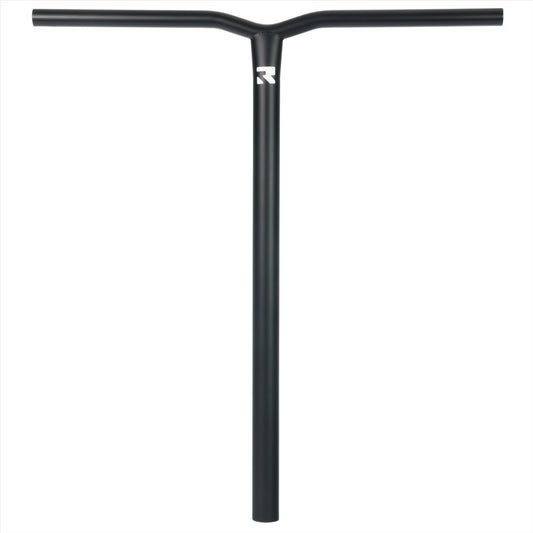 Introducing the Root Industries AIR Titanium Oversized HIC Stunt Scooter Bars in Black, measuring 660mm by 600mm. These handlebars feature a subtle logo near the top and showcase a sleek, minimalist T-shaped design. Crafted from titanium for lightweight durability, they are perfect for enthusiasts of stunt scooter bars.