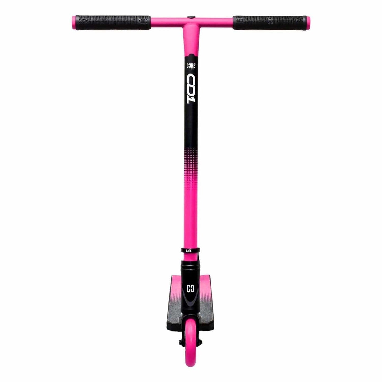 The CORE CD1 Complete Stunt Scooter by CORE in pink and black is ideal for beginner riders. It features the "CORE CD1" logo on the handlebar stem, complemented by black grips and an aluminum deck with bold pink accents, as seen from the front.