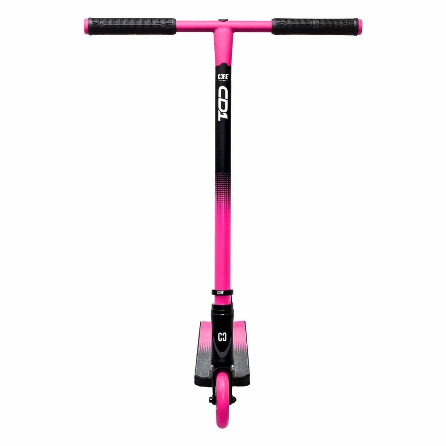 The CORE CD1 Complete Stunt Scooter by CORE in pink and black is ideal for beginner riders. It features the "CORE CD1" logo on the handlebar stem, complemented by black grips and an aluminum deck with bold pink accents, as seen from the front.