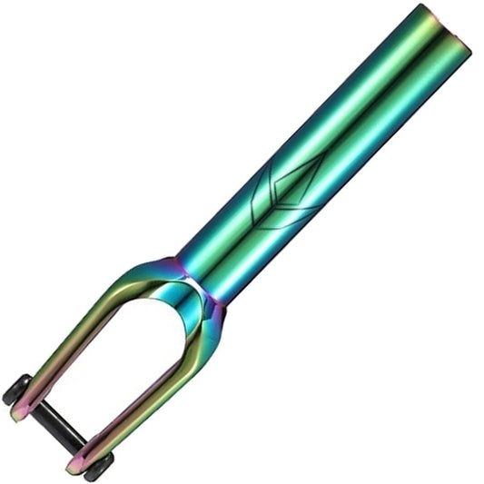 The Blunt SOB V3 SCS/HIC stunt scooter fork, offered by Blunt, impresses with its oil slick neochrome finish and elegant cut-out top design, ideal for SCS/HIC setups.