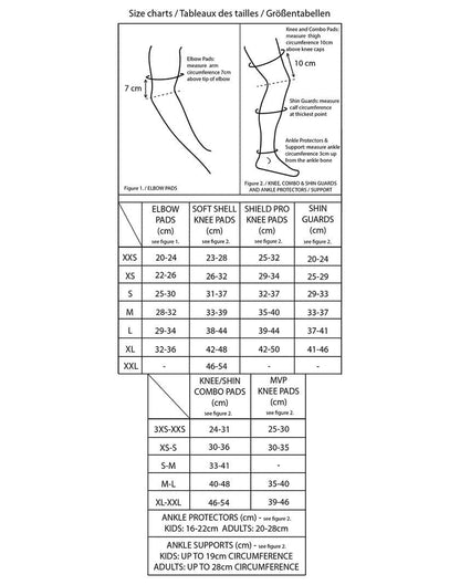 Size charts for GAIN Protection gear cover measurements for The Shield Pro Knee Skate Pads, along with elbow pads, pro shin guards, and ankle protectors in sizes ranging from XXS to XL. A diagram illustrates measurement points on the leg and elbow, making it ideal for freestyle scootering enthusiasts looking for the perfect fit.