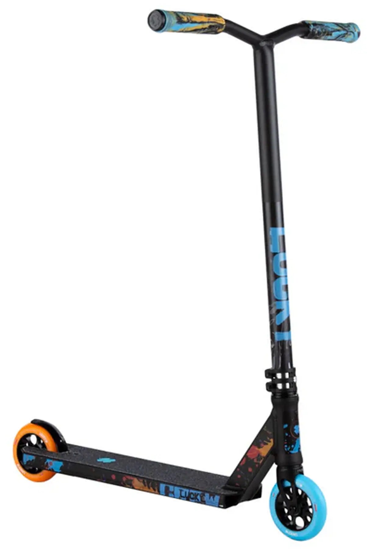 The Lucky Crew 2025 Complete Stunt Scooter - Drift, designed for beginners, features a black frame with a blue front wheel, orange rear wheel, handlebars with blue grip tape, and a colorful patterned deck. The brand name "LUCK" is displayed in blue on the stem.