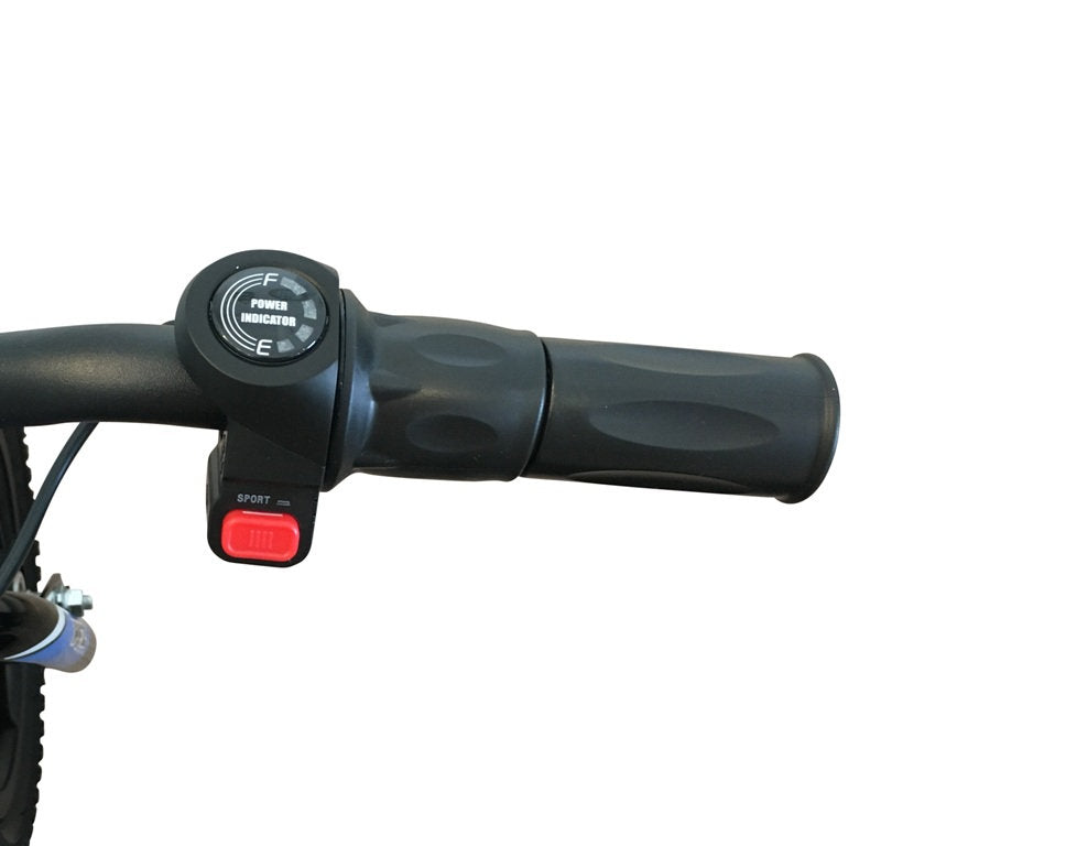 Close-up of a black handlebar showcasing a grip, gear shifter with an indicator, and a red "Sport" switch against a white background. This handlebar is part of the lightweight Revvi 12" Kids Electric Balance Bike - Red, designed for balance learning and progression.