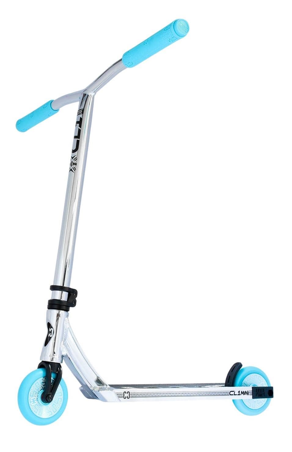 Introducing the CORE CL1 Mini Complete Stunt Scooter in Chrome and Teal LE. This scooter features eye-catching teal handlebars and wheels, while its sleek, modern design includes a durable metal frame and a compact standing platform. Experience pro-level performance with premium aftermarket parts for an exceptional ride.