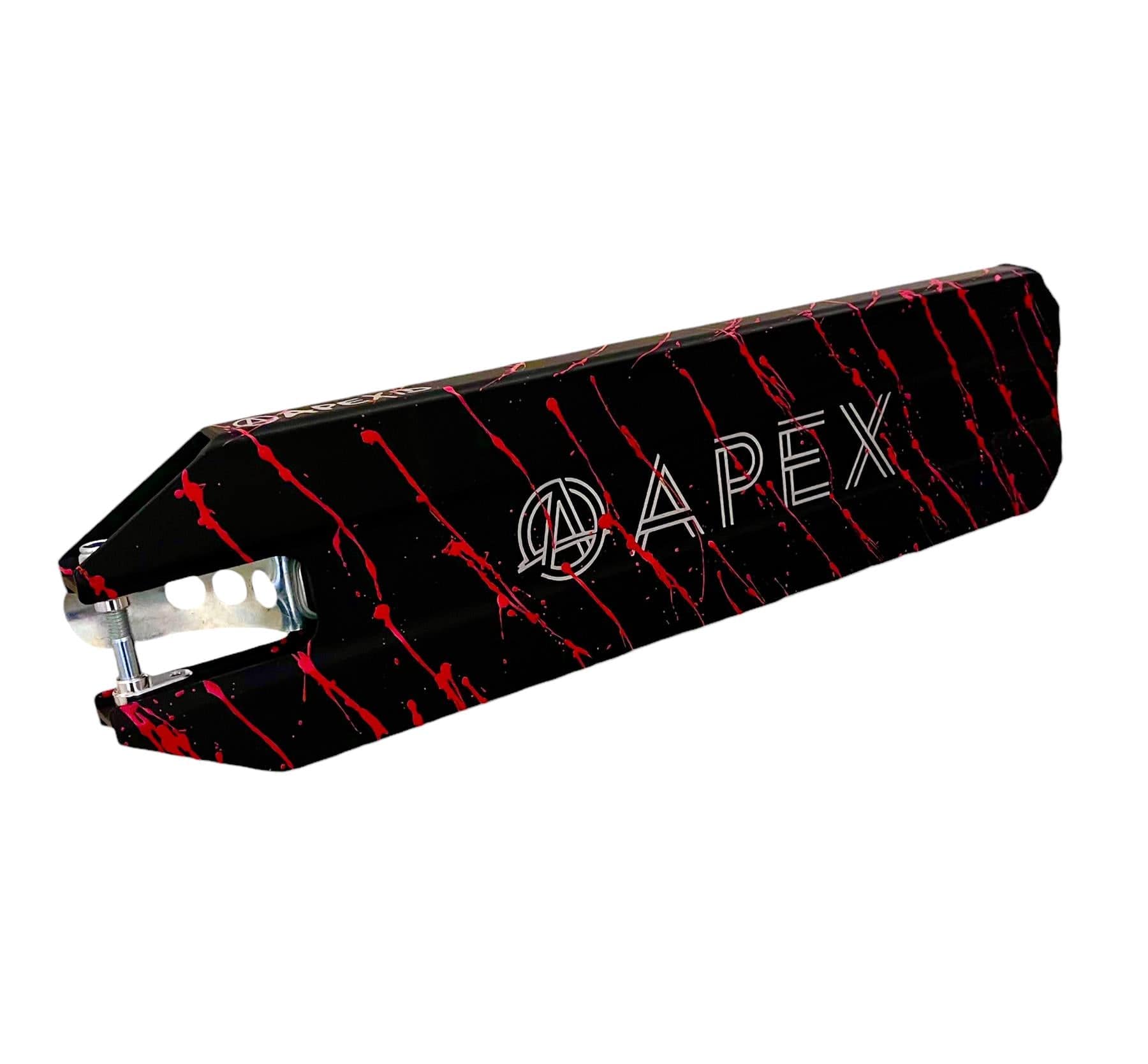 The Apex Blood Splatter Special Edition Stunt Scooter Deck, measuring 5" x 19.5", showcases a sleek black rectangular design with striking red diagonal streaks and the brand name "APEX" prominently displayed in bold white letters. This lightweight deck combines modern aesthetics with cut-out details at the end to ensure both style and durability for an exceptional riding experience.