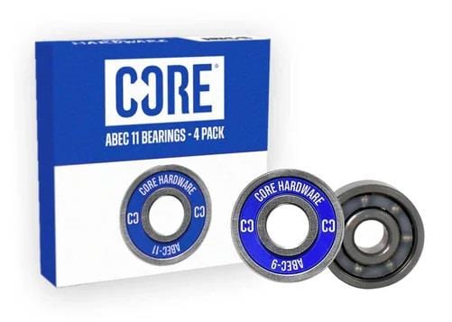 A box labeled "CORE ABEC 11 Scooter Bearings - 4 Pack" is displayed next to two top-quality scooter bearings. These bearings feature a blue and silver design with "CORE HARDWARE" and "ABEC 9" printed on them, guaranteeing superior performance.