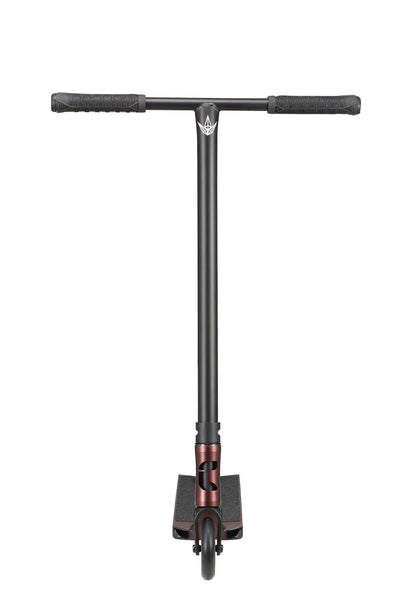 Front view of a black and red stunt scooter, showcasing TPR V2 hand grips on its T-shaped handlebar. This Blunt Envy Colt S6 Complete Stunt Scooter - Bronze features a single front wheel and deck, perfect for hybrid style riding, set against a plain white background.