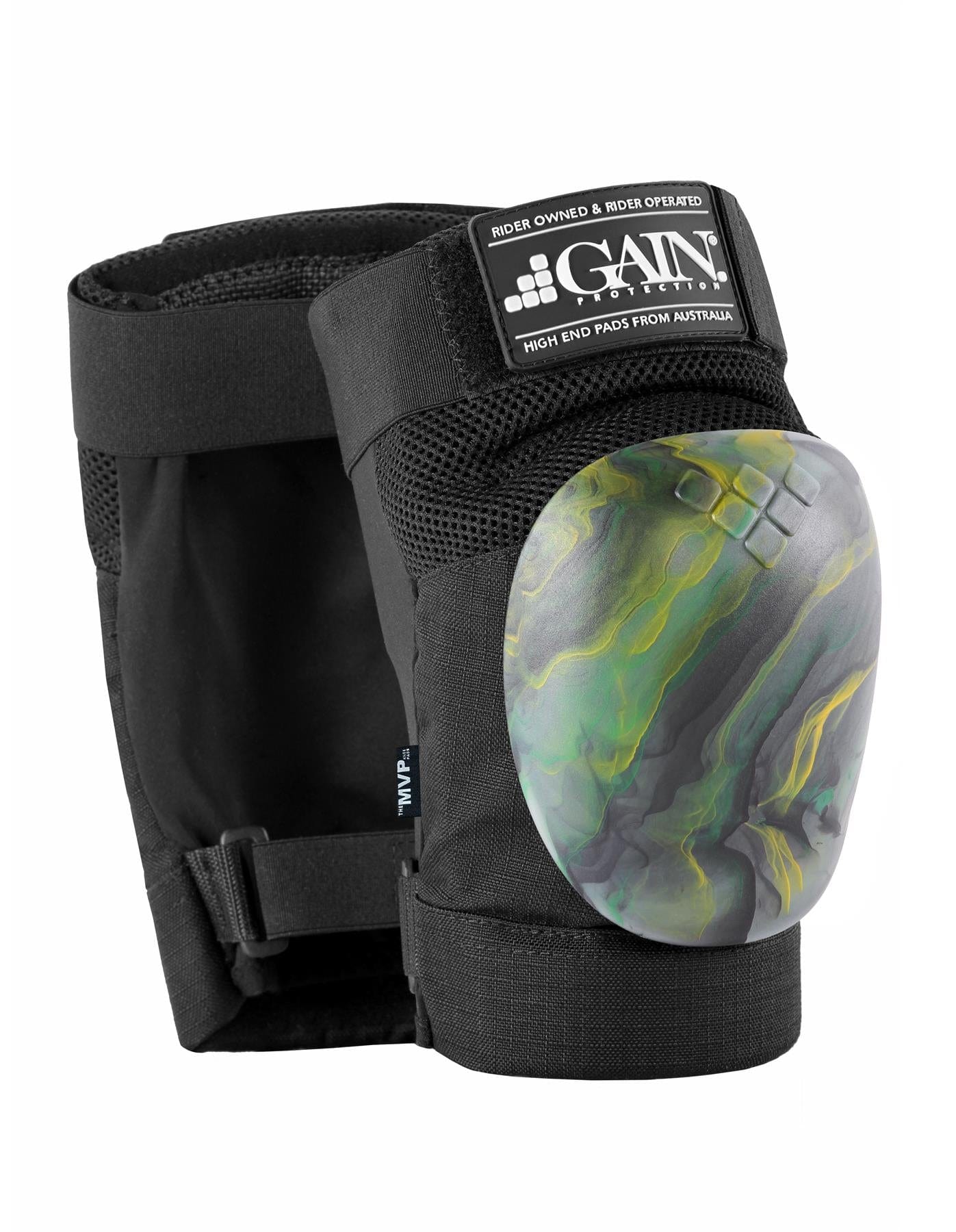 The GAIN Protection The MVP Knee Skate Pads in Gold and Green feature a unique marbled cap design, secured with Velcro straps. Enhanced with a sharkskin gripper for added stability, each pad prominently displays the "GAIN" label alongside the slogan "RIDER OWNED & RIDER OPERATED." These pads are the perfect choice for protective gear during activities like skating or biking.