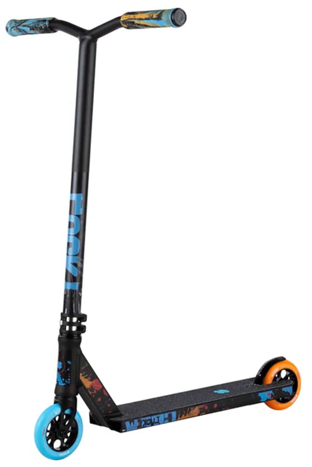 The Lucky Crew 2025 Complete Stunt Scooter - Drift by Lucky is a sleek black scooter featuring vibrant blue and orange wheels. The handlebars, black with blue grips, showcase bold graphics on the base and upright bar, making it ideal for stunt enthusiasts.