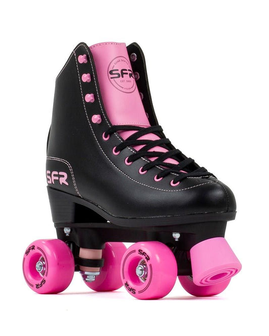 The SFR Figure Quad Roller Skates in Black and Pink by Rio Roller are an excellent choice for beginner skaters. These stylish skates feature pink polyurethane wheels and laces, with a high-ankle boot that provides both style and support. The brand logo is prominently displayed on the tongue and side, making them perfect for your skating adventures.