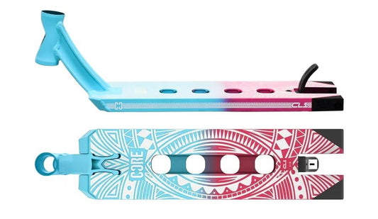 Two vibrant scooter decks are displayed. The top one, a CORE CL1 Stunt Scooter Deck, fades from blue to pink and includes a support bar and brake. The bottom deck, favored by the CORE pro team, also transitions from blue to pink and features a geometric design with a removable handle.