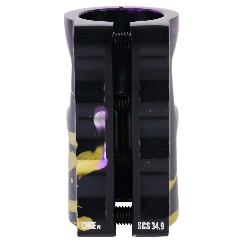 The Oath Cage V2 4 Bolt SCS Oversized Stunt Scooter Clamp in black, purple, and yellow has a vibrant design and prominently displays the label "CAGE V2 SCS 34.9" on its surface. Constructed from 6061 T6 Aluminium, this cylindrical clamp is lightweight and features a vertical slit with two visible bolts.