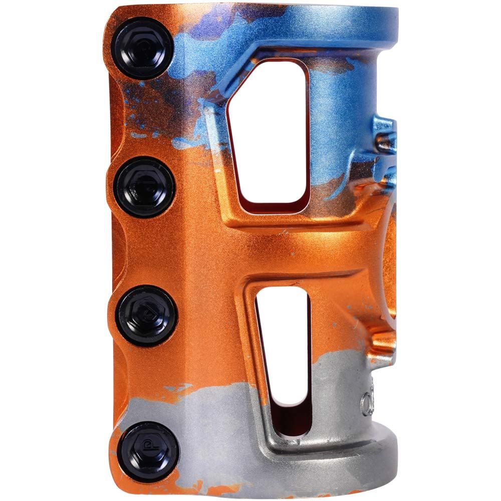 The Oath Cage V2 4 Bolt SCS Oversized Stunt Scooter Clamp showcases a unique design crafted from 6061 T6 Aluminium for impressive weight reduction. It features a striking combination of metallic orange, silver, and blue colors with multiple bolt holes on the side for secure attachment.