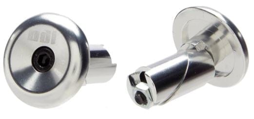 Here is a rewritten version of the sentence using the provided product data:

Two metal hardware components with reflective, polished surfaces are displayed. The component on the left is an ODI Aluminium Stunt Scooter Bar End in Polished Chrome, showcasing a circular face. The piece on the right is extended with threaded sections and a bolt. These durable scooter accessories by ODI are built to withstand daily wear and tear.