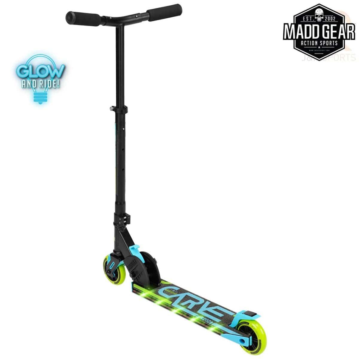 A blue and lime foldable scooter branded "Madd Gear (MGP)" featuring a sturdy handlebar and vibrant neon-accented wheels. The deck showcases the "Glow and Ride" design in bright colors, enhanced by LED lights.